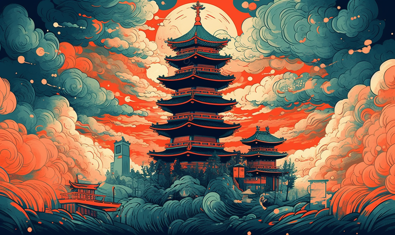 中国风黄鹤楼地标性建筑乌云背景,插画/手绘图,插画/手绘图库,插画/手绘图下载,插画/手绘